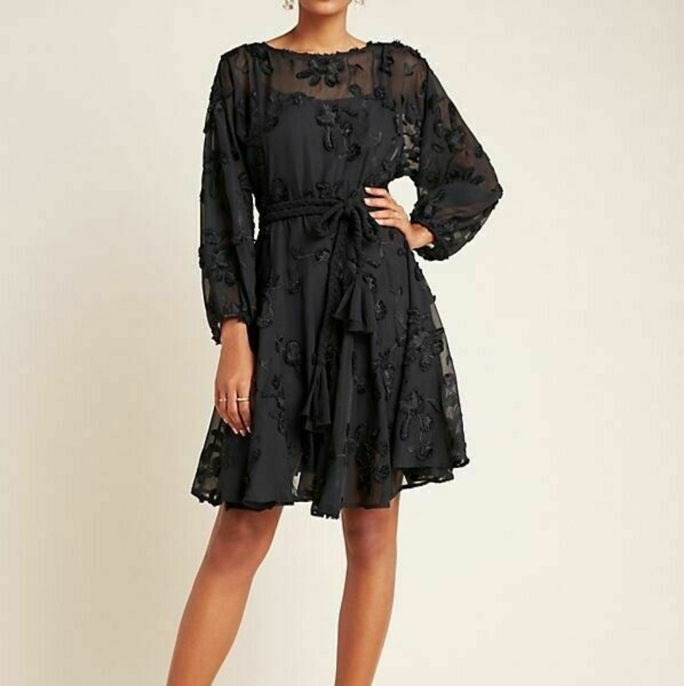 🚫*SOLD* NWOT Anthropologie Amal embroidered black long sleeve tie waist dress - Picture 2 of 11